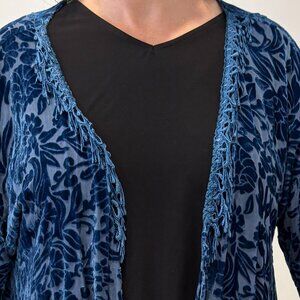 Renaissance Rags elbow sleeve fringed blue jacket, burnout velvet, One Size